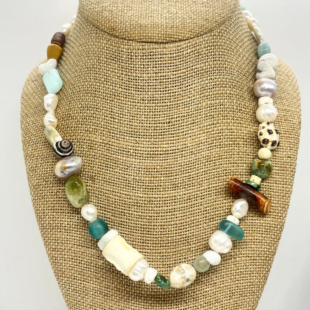 Artisan Pearl Sea Glass Necklace Freshwater Wood Shell Bead Turquoise Multicolor